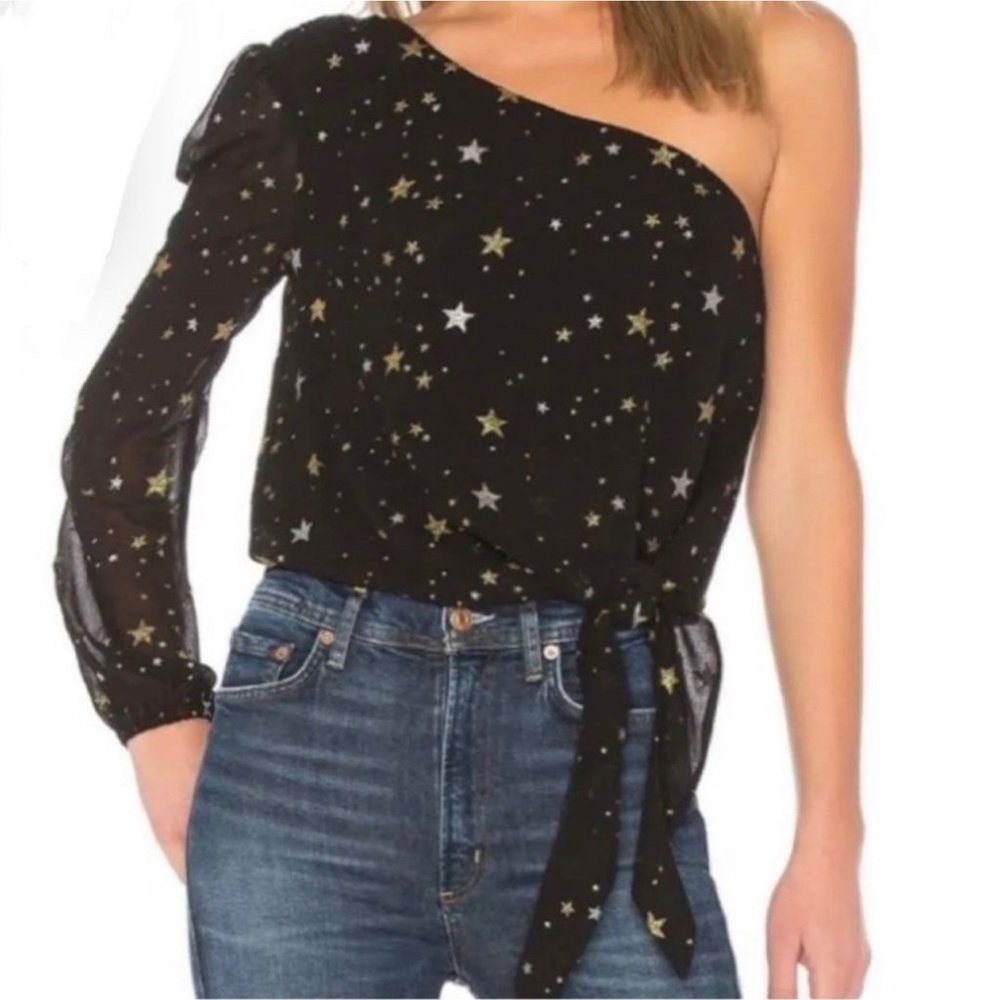 Lovers+Friends Black Gold Star One Shoulder revolve Top size small